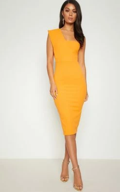 Yellow One Shoulder Draped Midi Dress