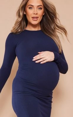 Maternity Ink Blue Long Sleeve Ribbed Midi Dress -US Dresses Sales Store 1e20af91d93f1302b3ef78bf56d23dc469f1af40 cnd2168 4