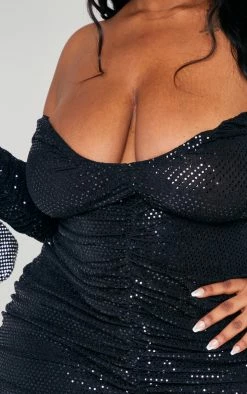 Plus Black Sequin Bardot Ruched Long Sleeve Bodycon Dress -US Dresses Sales Store 1e4db8cfcaa3a6c9a38679dfa6c0528662b411aa cnb4193 4