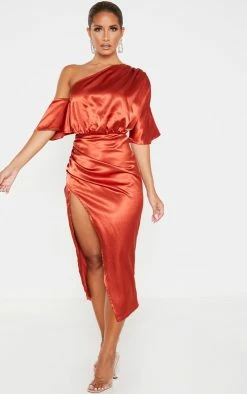 Rust Satin One Shoulder Ruched Skirt Midi Dress -US Dresses Sales Store 1eadc294a973a28d496634197d658273740f7c4f cmf9062 4