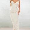 Cream Textured Frayed Detail Strappy Cowl Neck Maxi Dress