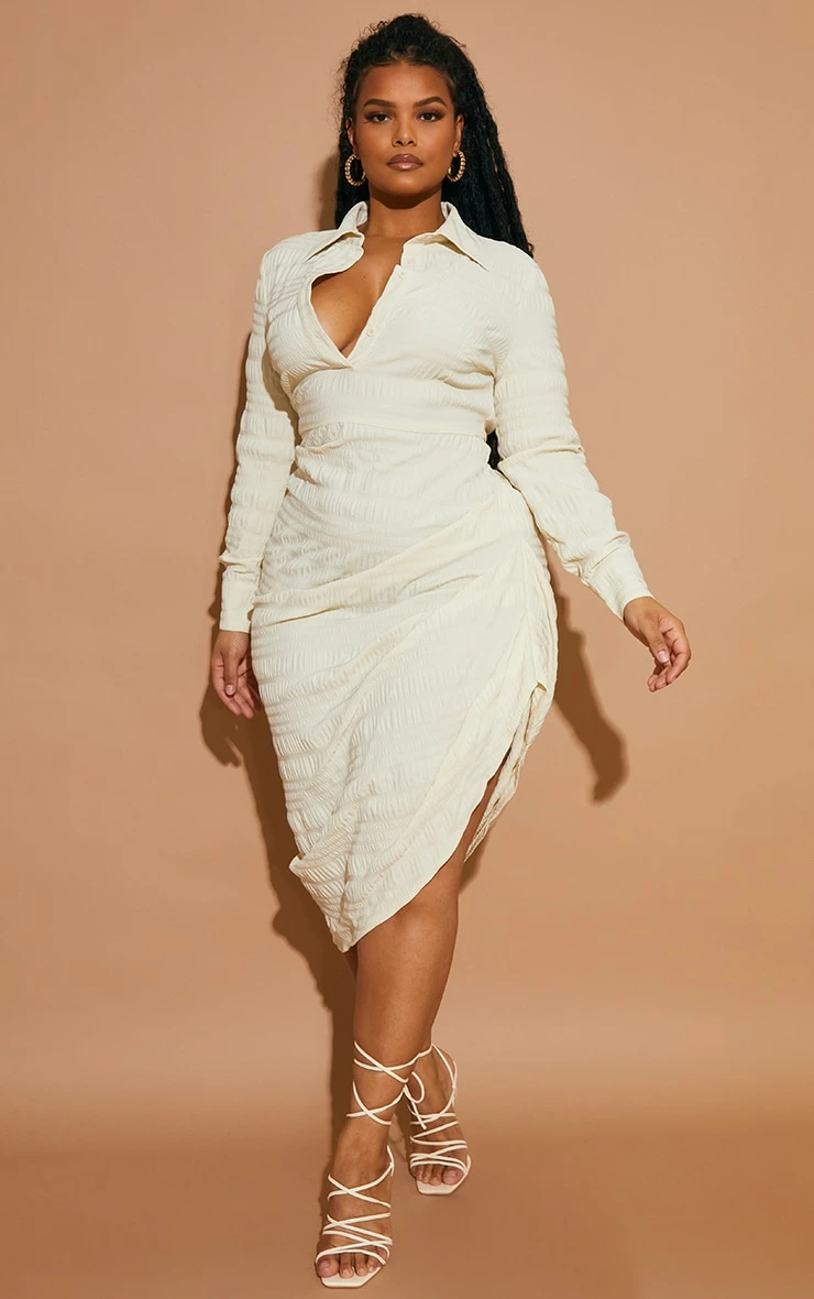 Plus Stone Textured Ruched Side Midi Shirt Dress 5 Plus Stone Textured Ruched Side Midi Shirt Dress - Image 3