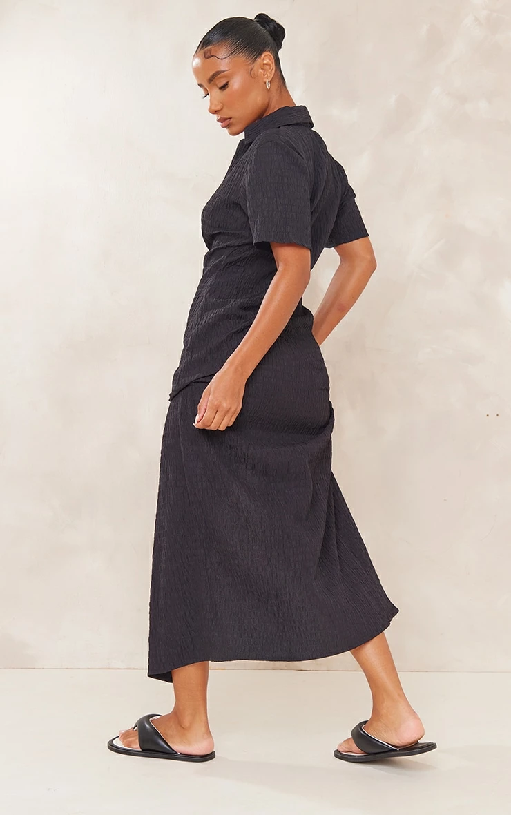Black Crinkle Textured Button Maxi Shirt Dress 4 Black Crinkle Textured Button Maxi Shirt Dress - Image 2