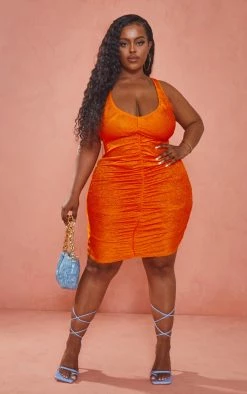 Plus Orange Textured Ruched Bodycon Dress