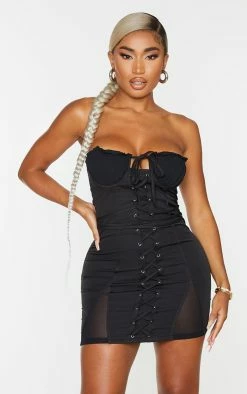 Shape Black Cup Detail Lace Up Bodycon Dress