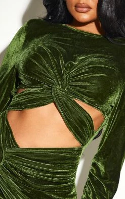 Olive Velvet Twisted Cut Out Detail Ruched Sleeve Bodycon Dress -US Dresses Sales Store 21b4d8a39a9121e7055a883fad62d9f885f423dd cmu4051 5