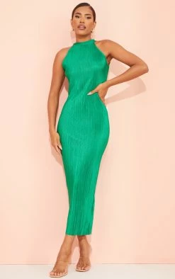 Green Plisse High Neck Midi Dress