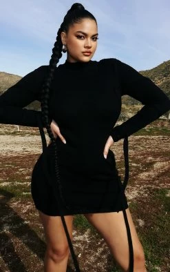 Plus Black Knitted Tie Detail Wrap Bodycon Dress -US Dresses Sales Store 227b3631588d21fb09b9b6d831d6399324412b30 CNC7276 3