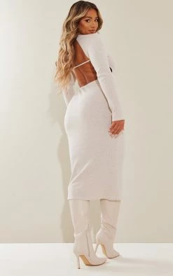 Shape Oatmeal Rib Long Sleeve Open Back Midaxi Dress