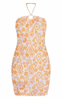 Orange Retro Floral Ring Detail Halterneck Bodycon Dress -US Dresses Sales Store 231bd25df1b8118ee78c79acd85f6eb078f917a8 cmy1669 6