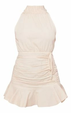 Stone Linen Look Shirred High Neck Frill Hem Bodycon Dress -US Dresses Sales Store 238a76cff6cb197bb0922c5a9c5f5eb711448bf1 cnd2244 5