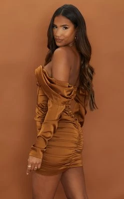 Chocolate Satin Drape Bardot Sleeve Ruched Back Bodycon Dress -US Dresses Sales Store 24e3765d63ba1951abba1dd3fab9cbae1c034ac9 cmu4054 3
