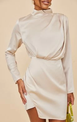 Champagne Satin Shoulder Pad Long Sleeve Bodycon Dress -US Dresses Sales Store 24fa8ef2789e4d44a6a3e5ec74511a38d7918322 cnc5937 4