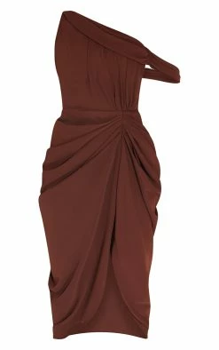 Chocolate Chiffon Asymmetric Strap Draped Midi Dress -US Dresses Sales Store 25fc829751916187c1d6932db54c0c1036c428ed cmu6117 6