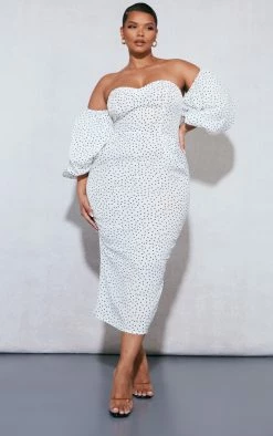 Plus White Polka Dot Bandeau Puff Sleeve Midi Dress
