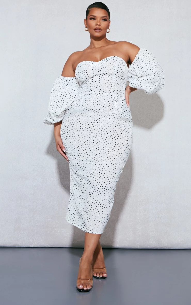 Plus White Polka Dot Bandeau Puff Sleeve Midi Dress 3 Plus White Polka Dot Bandeau Puff Sleeve Midi Dress