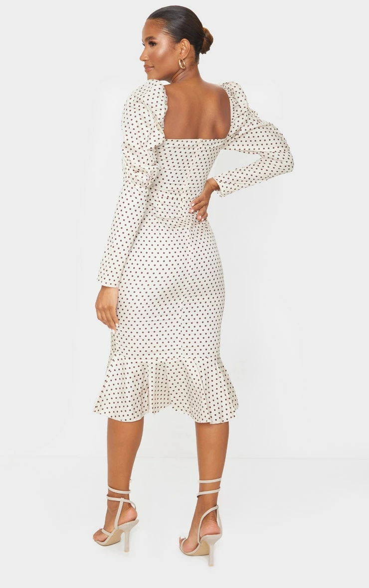 Nude Polka Dot Puff Sleeve Ruched Detail Frill Hem Midi Dress 4 Nude Polka Dot Puff Sleeve Ruched Detail Frill Hem Midi Dress - Image 2