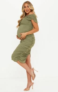 Maternity Green Bardot Ruched Midi Dress -US Dresses Sales Store 2827f952ccdac5f43291a0a4c1f9ee4d3de9ada9 cmu2828 4