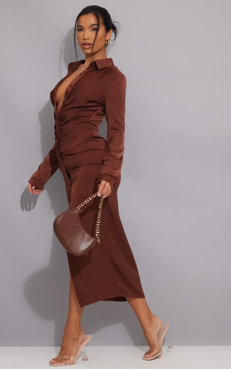 Chocolate Ruched Satin Maxi Shirt Dress 5 Chocolate Ruched Satin Maxi Shirt Dress - Image 3
