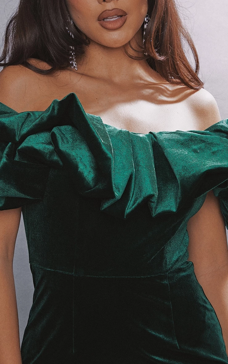 Emerald Green Velvet Bardot Ruffle Bodycon Dress 6 Emerald Green Velvet Bardot Ruffle Bodycon Dress - Image 4