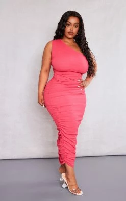 Plus Pink One Shoulder Textured Midi Dress