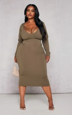 Plus Olive Strap Detail Longsleeve Midi Dress
