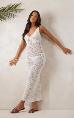 Tall Beige Strappy Knitted Maxi Dress