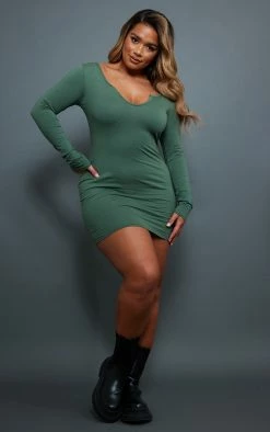 Shape Olive Khaki Cotton Notch Detail Long Sleeve Bodycon Dress -US Dresses Sales Store 29514941d43fd2d50ccbff61f3d7f092dfbec453 cnc8780 3