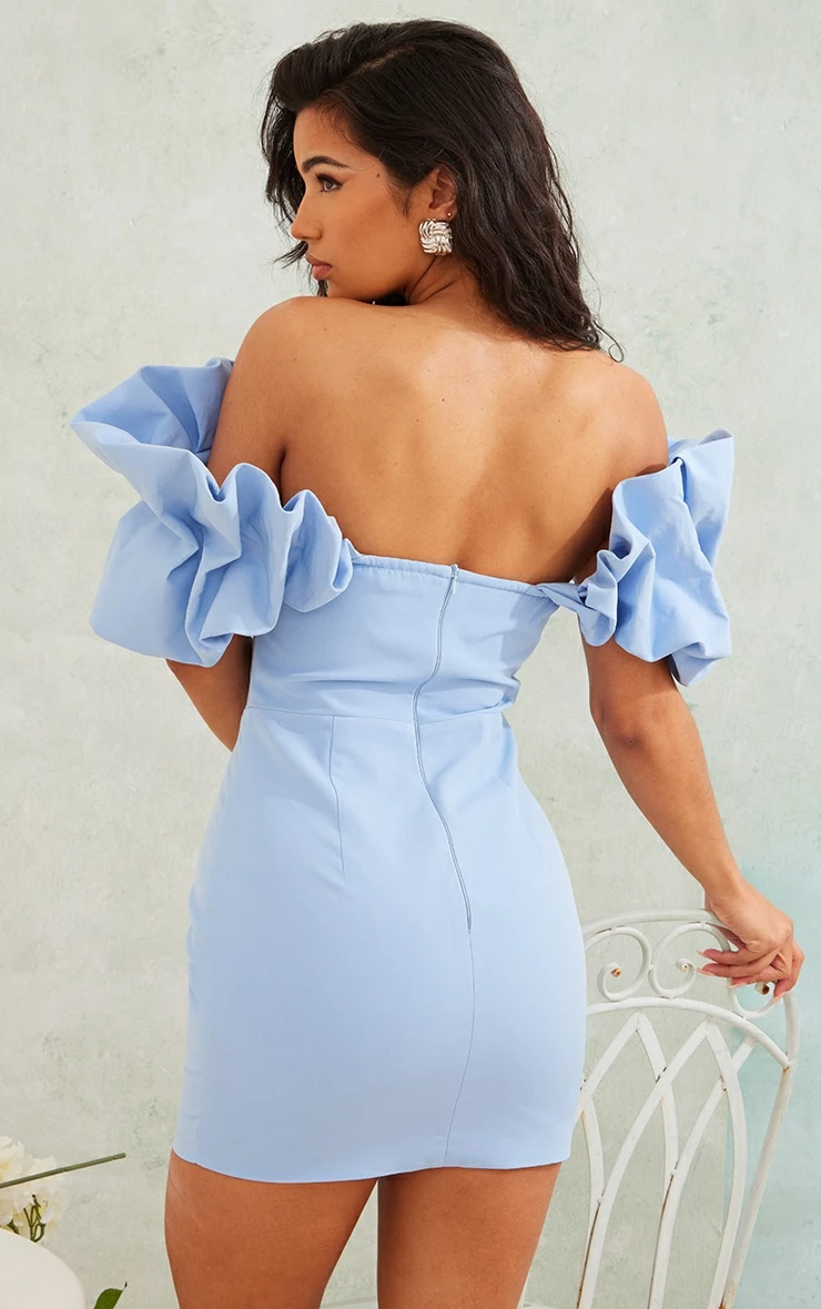 Light Blue Pleated Corset Detail Puff Sleeve Bodycon Dress 4 Light Blue Pleated Corset Detail Puff Sleeve Bodycon Dress - Image 2