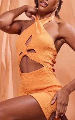 Orange Textured Halter Twist Detail Bodycon Dress -US Dresses Sales Store 2a709e8771b9e4cecc793e8b77b76f25b66c642f cnd5890 4
