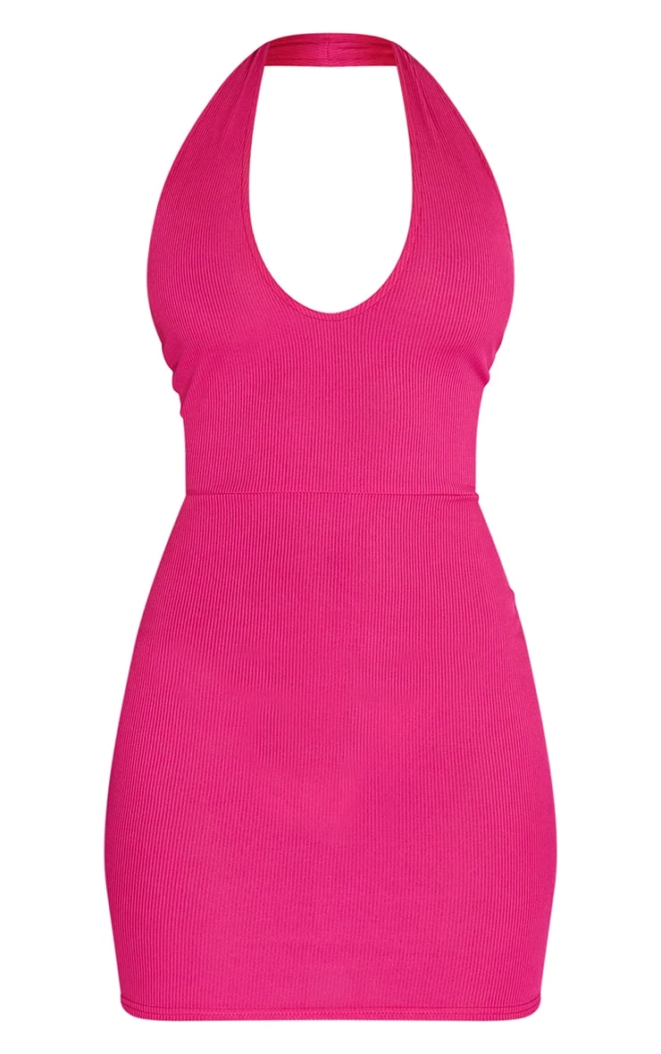 Hot Pink Ribbed Halterneck Tie Back Bodycon Dress 7 Hot Pink Ribbed Halterneck Tie Back Bodycon Dress - Image 5