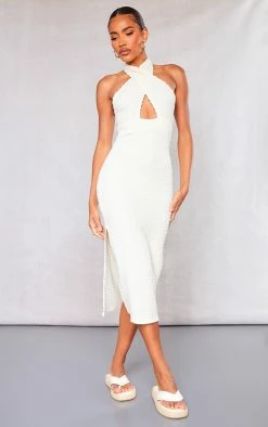 Cream Textured Halterneck Split Maxi Dress