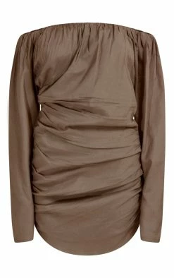 Mushroom Linen Look Ruched Bardot Bodycon Dress -US Dresses Sales Store 2d2e5e894edb989bb5b7161cf62cd80acb9d1a2b cnd7647 5