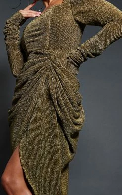Gold Glitter Plisse Puff Split Sleeve Draped Midi Dress -US Dresses Sales Store 304e20ab48d2fe2f6e059e29d68d6f93bb38e33c cnb7988 4