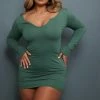 Shape Olive Khaki Cotton Notch Detail Long Sleeve Bodycon Dress