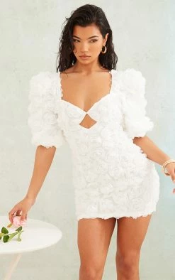 White Rose Applique Puff Sleeve Cup Detail Bodycon Dress