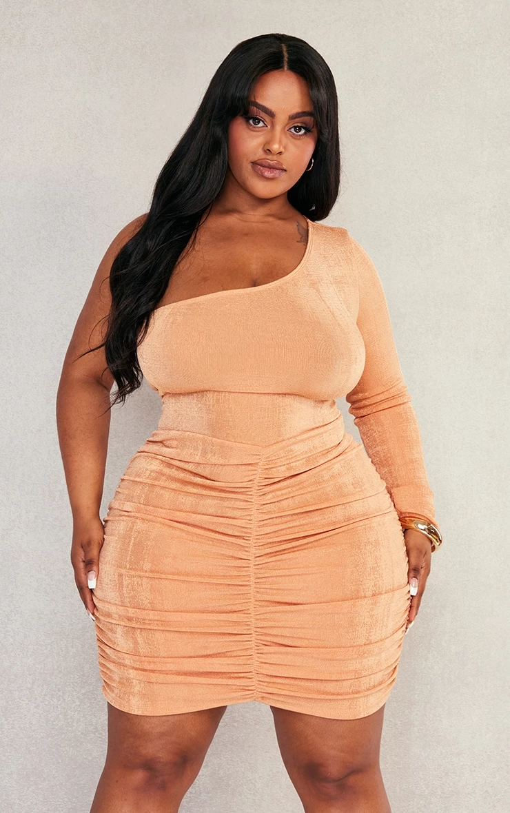 Plus Peach Acetate Slinky One Shoulder Bodycon Dress 5 Plus Peach Acetate Slinky One Shoulder Bodycon Dress - Image 3