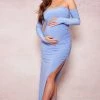 Maternity Blue Slinky Off The Shoulder Ruched Maxi Dress