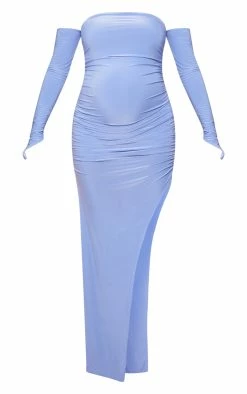 Maternity Blue Slinky Off The Shoulder Ruched Maxi Dress -US Dresses Sales Store 32f38499afd1da3489568518566c17698c839f99 cne2364 5