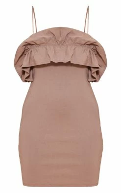Taupe Stretch Woven Frill Detail Bodycon Dress -US Dresses Sales Store 33c7ac3b6c219635fdbbbcc71b33eabfdb45f3a2 cnd5429 5
