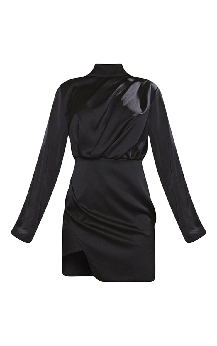 Black Satin Shoulder Pad Long Sleeve Bodycon Dress 7 Black Satin Shoulder Pad Long Sleeve Bodycon Dress - Image 5