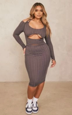 Shape Charcoal Long Sleeve Cutout Midi Dress