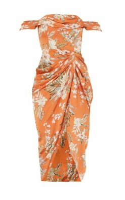 Rust Floral Print Satin Draped Bardot Midi Dress -US Dresses Sales Store 35eb066a0b301cc94ed59053d4bd9c573bc3df2f cms5004 6
