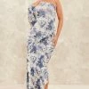 Blue Renaissance Print Acetate Slinky One Shoulder Frill Detail Maxi Dress