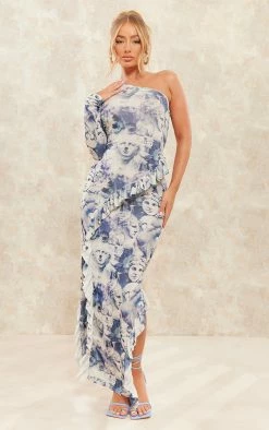Blue Renaissance Print Acetate Slinky One Shoulder Frill Detail Maxi Dress
