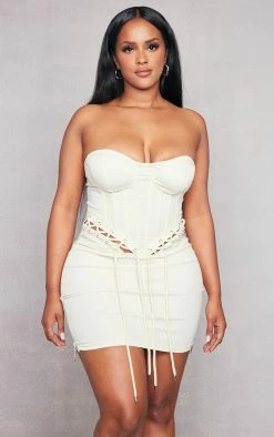 Shape Cream Denim Look Rope Detail Lace Up Corset Bodycon Dress