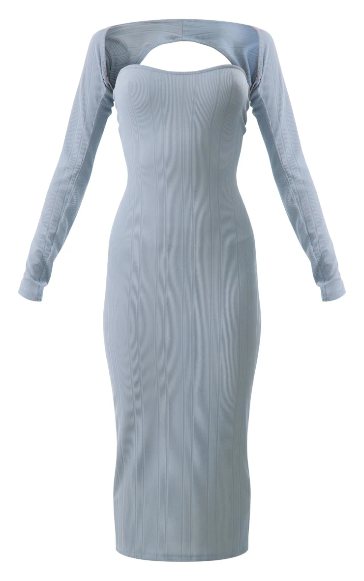 Steel Blue Textured Rib Bandeau Sleeve Detail Midi Dress 7 Steel Blue Textured Rib Bandeau Sleeve Detail Midi Dress - Image 5
