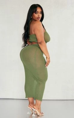 Plus Khaki Sheer Knit Cross Halter Neck Midi Dress -US Dresses Sales Store 37a6ac9e138ca56c67021d372665824546cdf98c cnc7957 2