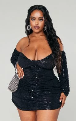 Plus Black Sequin Bardot Ruched Long Sleeve Bodycon Dress -US Dresses Sales Store 37a7b6609108348a7299c56c21de0a01cdf675d5 cnb4193 3