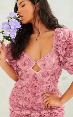 Rose Applique Puff Sleeve Cup Detail Bodycon Dress -US Dresses Sales Store 37f134250dd9e4dfb0898b2f5744f44779cfcb0c cnd2176 4